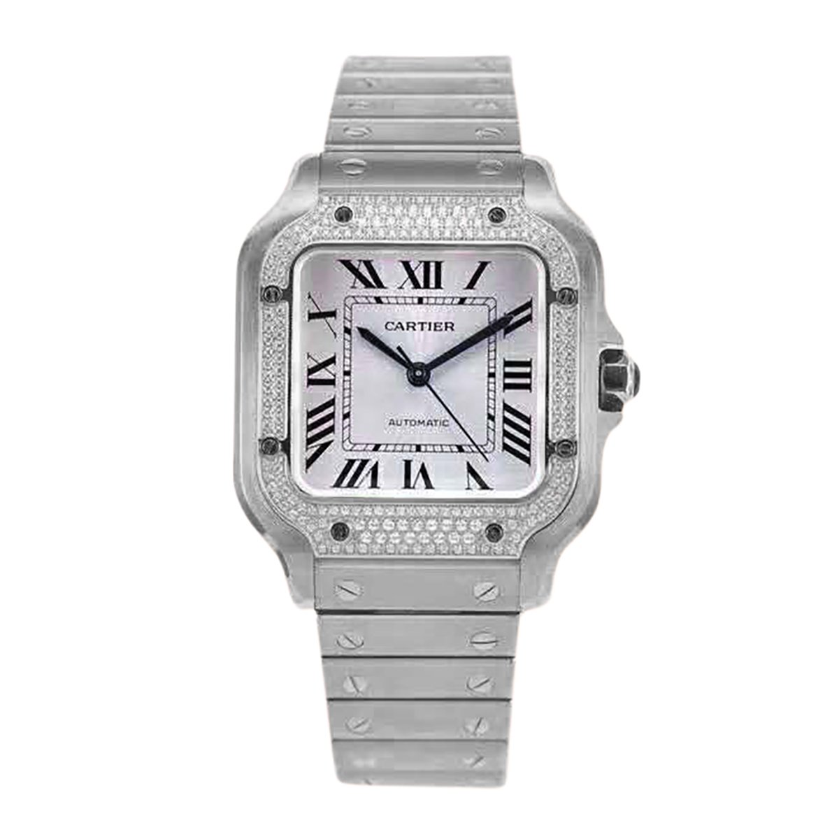 Santos de Cartier White Dial with Diamond Bezel in Steel - Hont Watch
